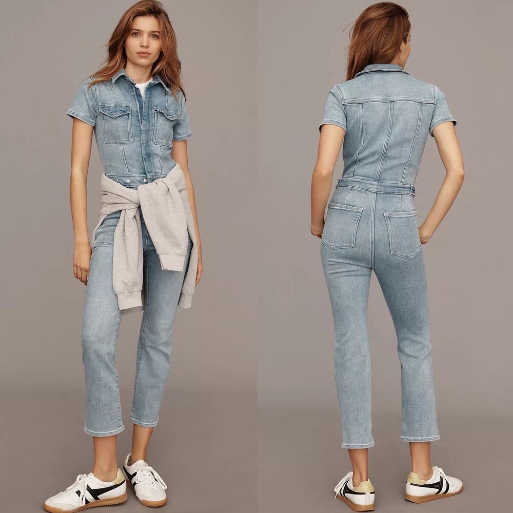 NEW GOOD AMERICAN Blue Denim Jean Short Sleeve Straight Leg $218 Jumpsuit L